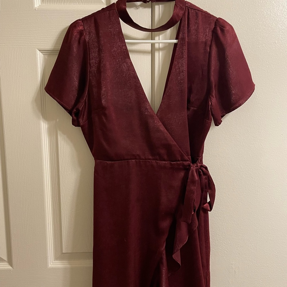 LUSH Maroon V Neck Short Sleeve Wrap Dress